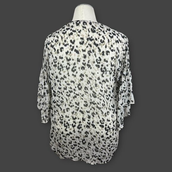 White Animal Leopard Print Sheer Lightweight Flare Sleeve Topper Kimono Large - Picture 3 of 10